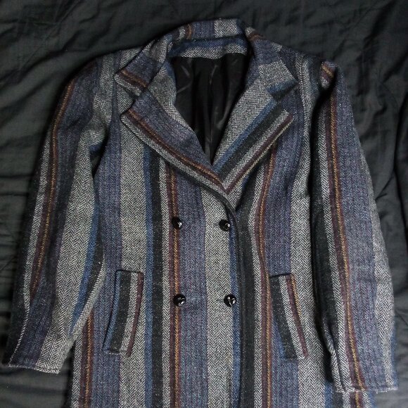 Vintage Wool Herringbone Striped Double Breast Pea Coat Jacket - Picture 2 of 6